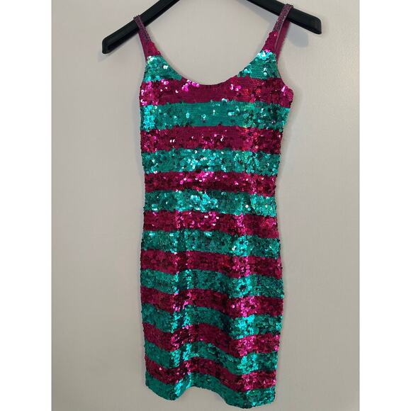 Vintage 80’s Nadine Teal & Hot Pink Beaded Sequin Mini Party Dress Size Small - Picture 2 of 9